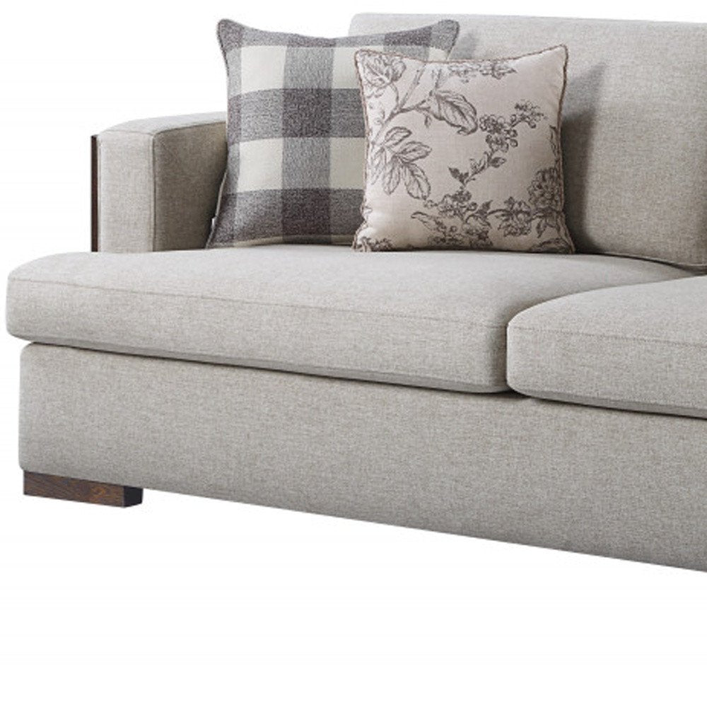 92" Beige Fabric Sofa And Toss Pillows With Brown Legs HomeRoots