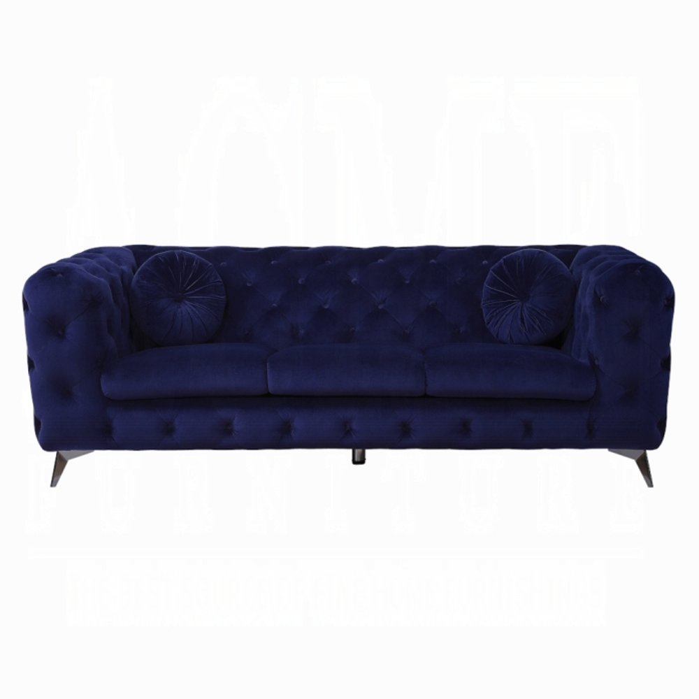 90" Blue Velvet Chesterfield Sofa With Silver Legs HomeRoots