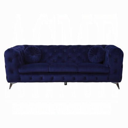 90" Blue Velvet Chesterfield Sofa With Silver Legs HomeRoots