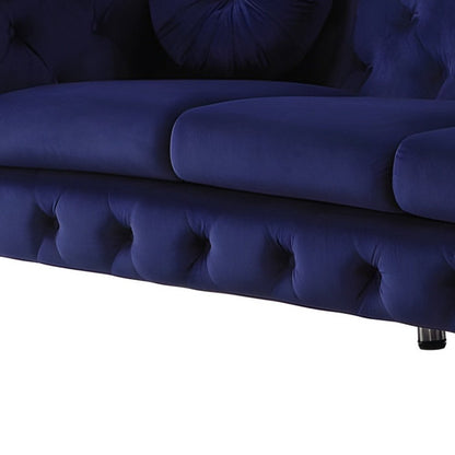 90" Blue Velvet Chesterfield Sofa With Silver Legs HomeRoots