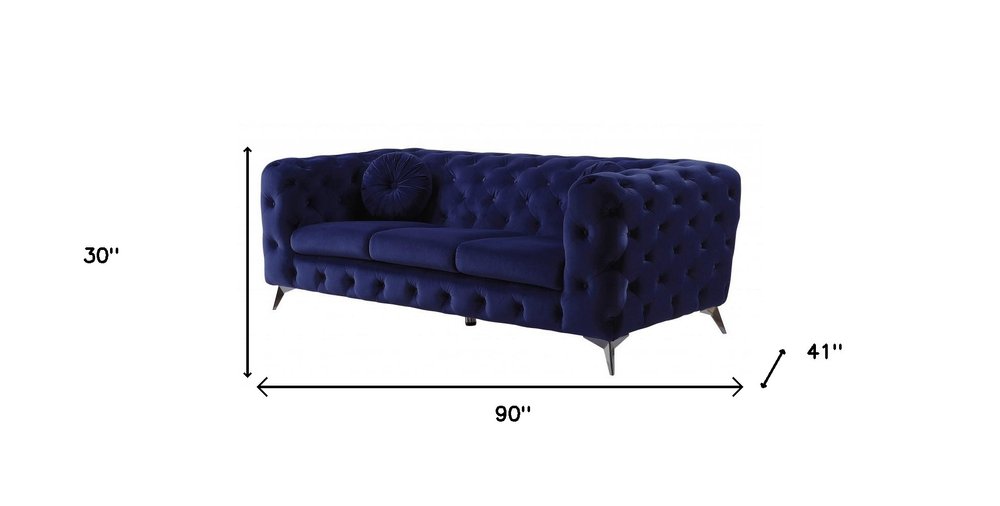90" Blue Velvet Chesterfield Sofa With Silver Legs HomeRoots