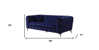90" Blue Velvet Chesterfield Sofa With Silver Legs HomeRoots