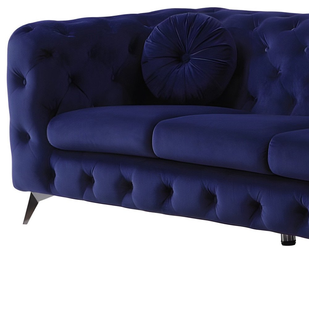 90" Blue Velvet Chesterfield Sofa With Silver Legs HomeRoots
