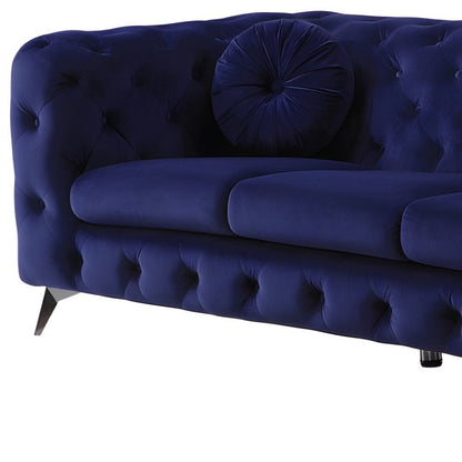 90" Blue Velvet Chesterfield Sofa With Silver Legs HomeRoots