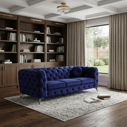 90" Blue Velvet Chesterfield Sofa With Silver Legs HomeRoots