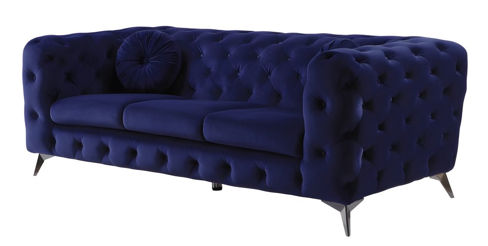 90" Blue Velvet Chesterfield Sofa With Silver Legs HomeRoots