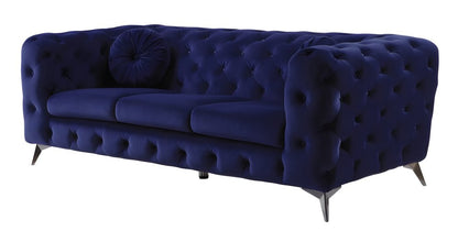 90" Blue Velvet Chesterfield Sofa With Silver Legs HomeRoots