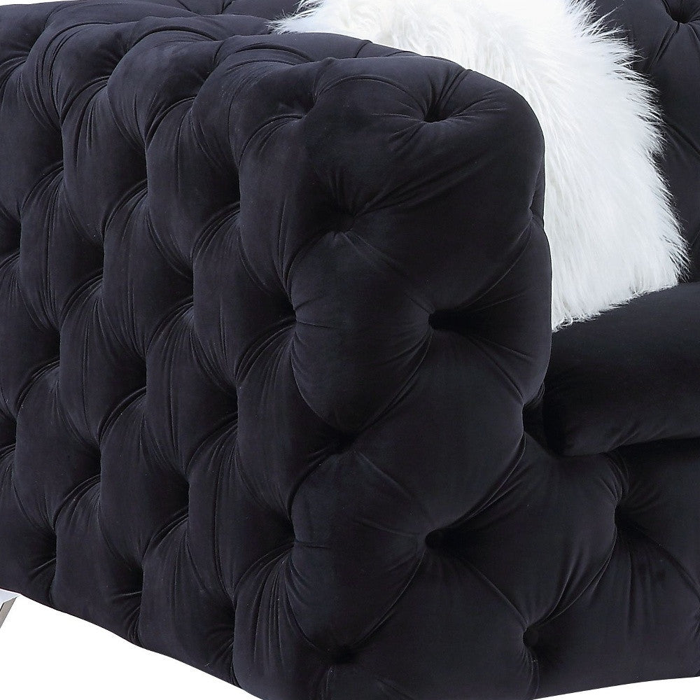 91" Black Velvet Sofa And Toss Pillows With Silver Legs