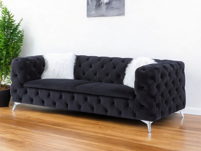 91" Black Velvet Sofa And Toss Pillows With Silver Legs