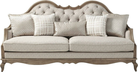 86" Brown And Beige Upholstered Solid Wood Sofa With Toss Pillows HomeRoots