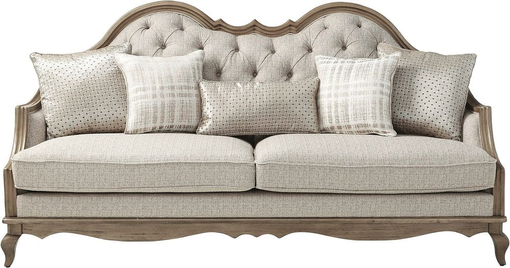 86" Brown And Beige Upholstered Solid Wood Sofa With Toss Pillows HomeRoots