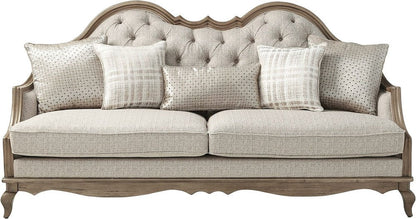 86" Brown And Beige Upholstered Solid Wood Sofa With Toss Pillows HomeRoots