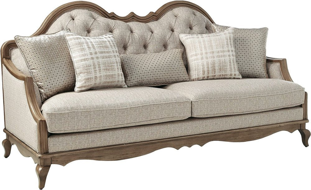 86" Brown And Beige Upholstered Solid Wood Sofa With Toss Pillows HomeRoots