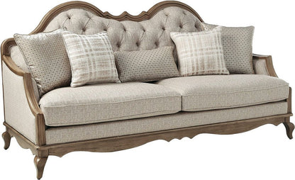 86" Brown And Beige Upholstered Solid Wood Sofa With Toss Pillows HomeRoots
