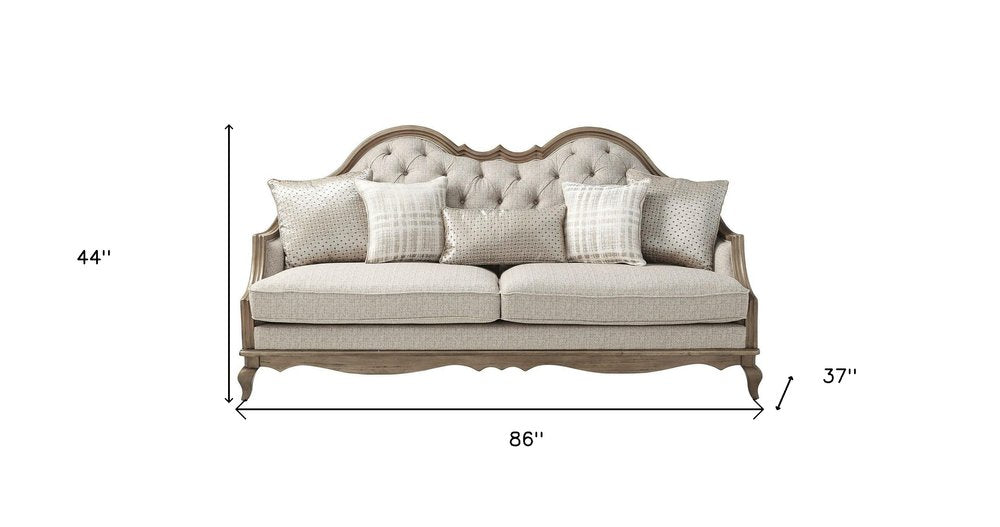 86" Brown And Beige Upholstered Solid Wood Sofa With Toss Pillows HomeRoots