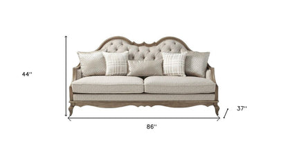 86" Brown And Beige Upholstered Solid Wood Sofa With Toss Pillows HomeRoots
