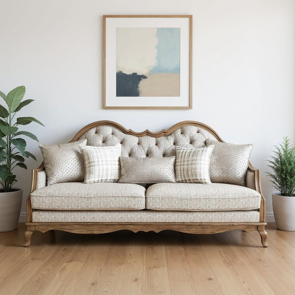 86" Brown And Beige Upholstered Solid Wood Sofa With Toss Pillows HomeRoots