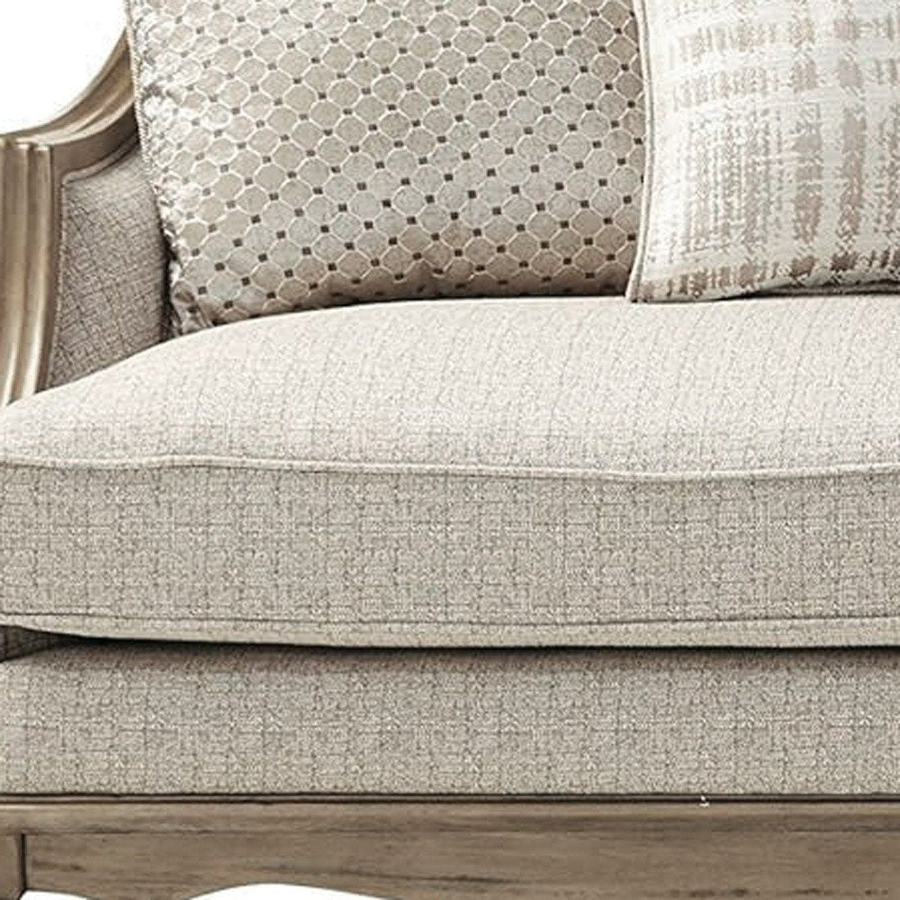 86" Brown And Beige Upholstered Solid Wood Sofa With Toss Pillows HomeRoots