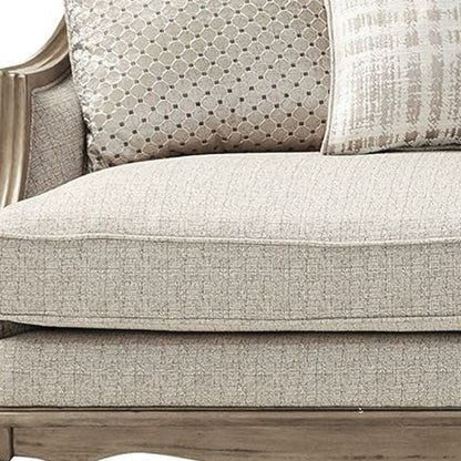 86" Brown And Beige Upholstered Solid Wood Sofa With Toss Pillows HomeRoots