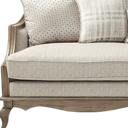 86" Brown And Beige Upholstered Solid Wood Sofa With Toss Pillows HomeRoots
