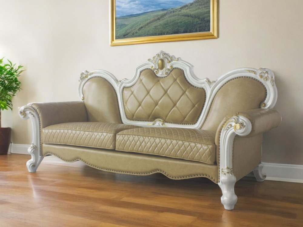 93" Golden Brown Faux Leather Sofa And Toss Pillows With Pearl Legs HomeRoots