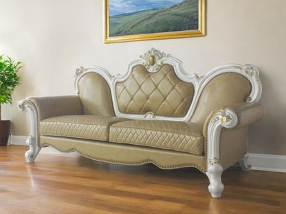 93" Golden Brown Faux Leather Sofa And Toss Pillows With Pearl Legs HomeRoots