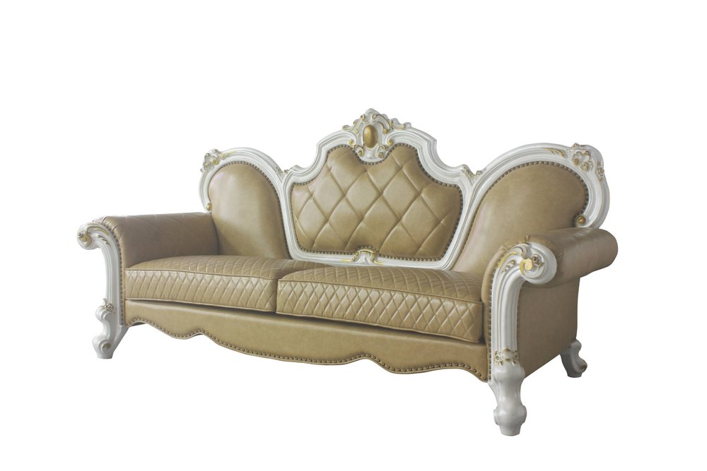 93" Golden Brown Faux Leather Sofa And Toss Pillows With Pearl Legs HomeRoots