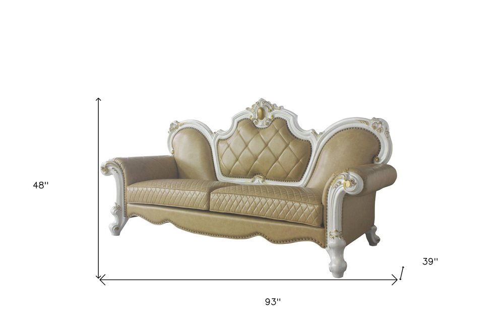 93" Golden Brown Faux Leather Sofa And Toss Pillows With Pearl Legs HomeRoots