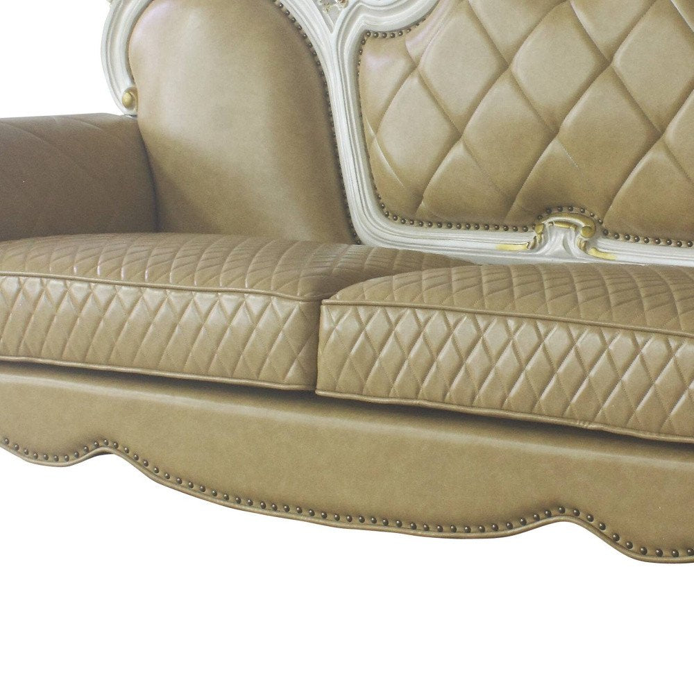 93" Golden Brown Faux Leather Sofa And Toss Pillows With Pearl Legs HomeRoots