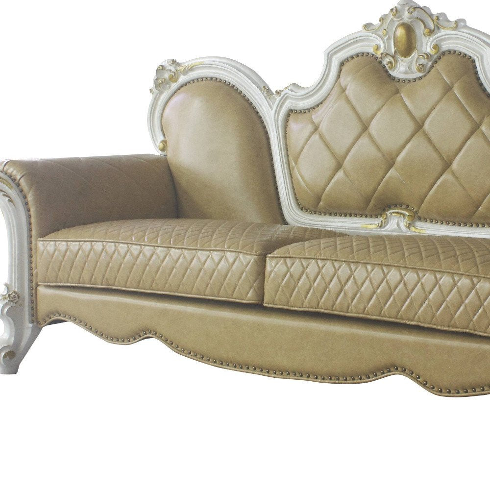 93" Golden Brown Faux Leather Sofa And Toss Pillows With Pearl Legs HomeRoots