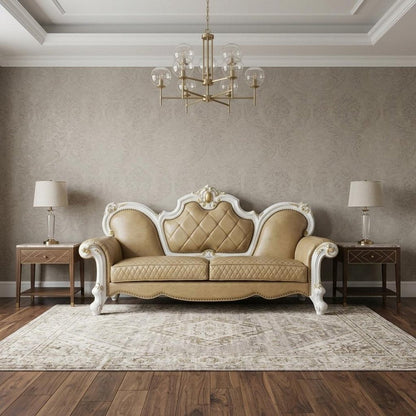 93" Golden Brown Faux Leather Sofa And Toss Pillows With Pearl Legs HomeRoots