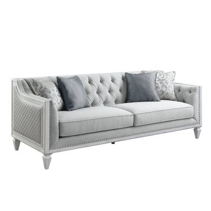 85" Light Gray Linen Sofa And Toss Pillows With White Legs