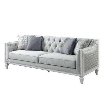 85" Light Gray Linen Sofa And Toss Pillows With White Legs