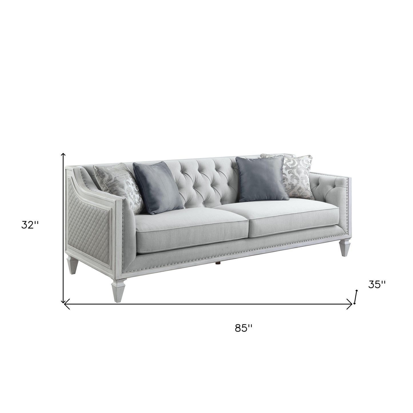 85" Light Gray Linen Sofa And Toss Pillows With White Legs