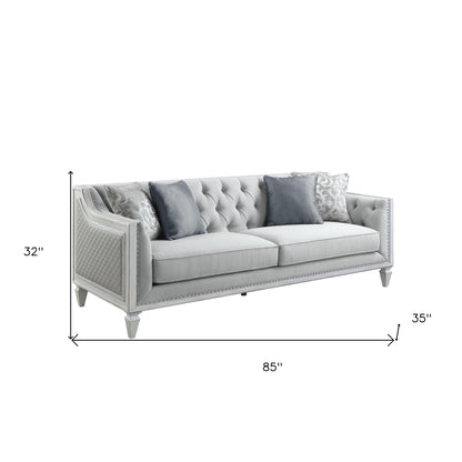 85" Light Gray Linen Sofa And Toss Pillows With White Legs