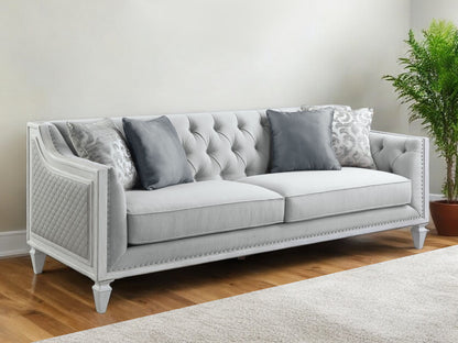 85" Light Gray Linen Sofa And Toss Pillows With White Legs