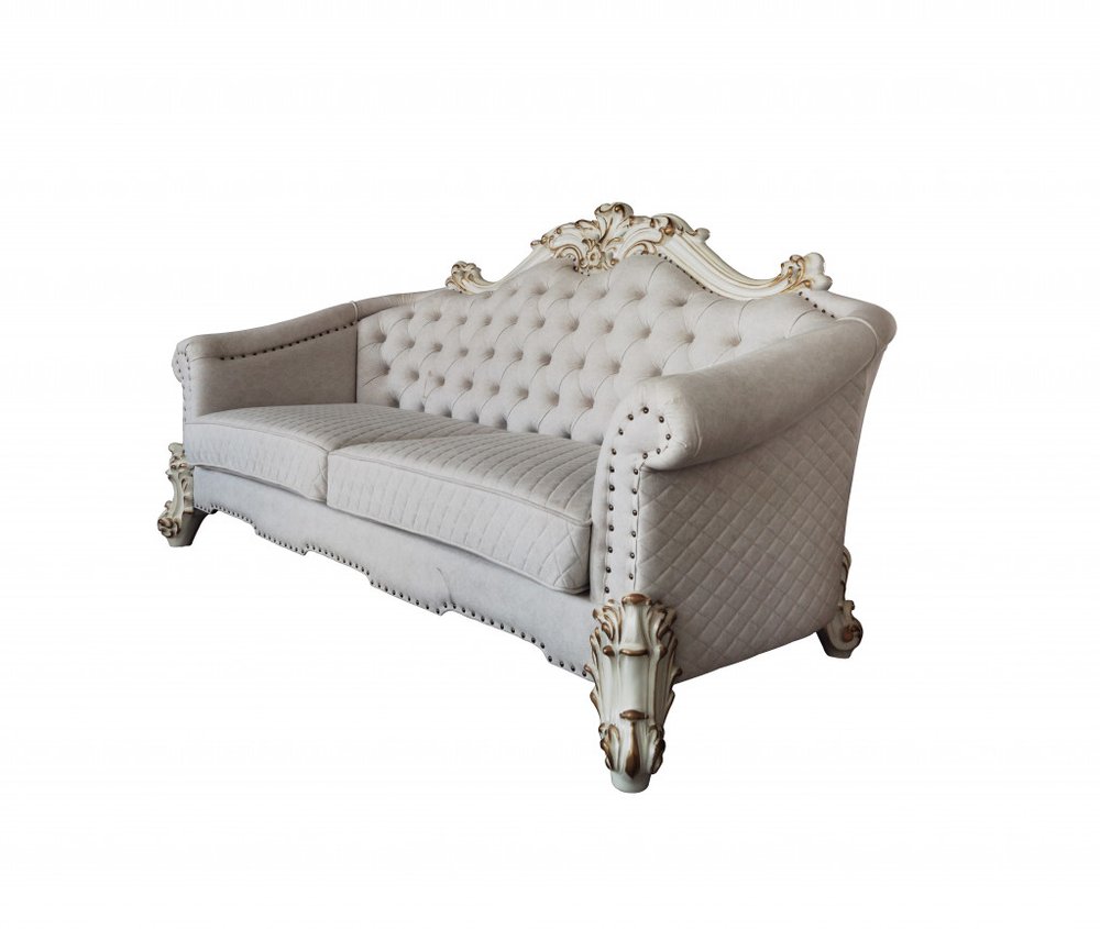 89" Ivory Velvet Sofa And Toss Pillows With Pearl Legs HomeRoots