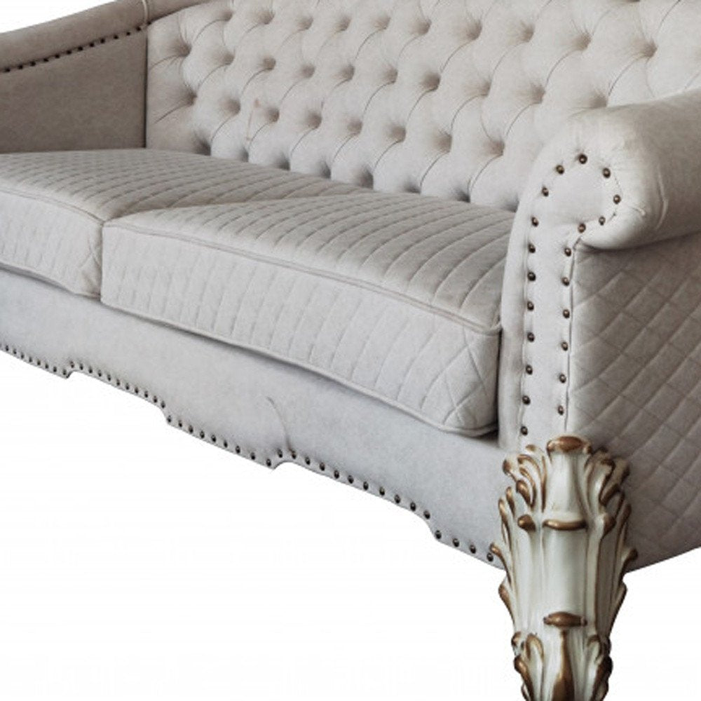 89" Ivory Velvet Sofa And Toss Pillows With Pearl Legs HomeRoots