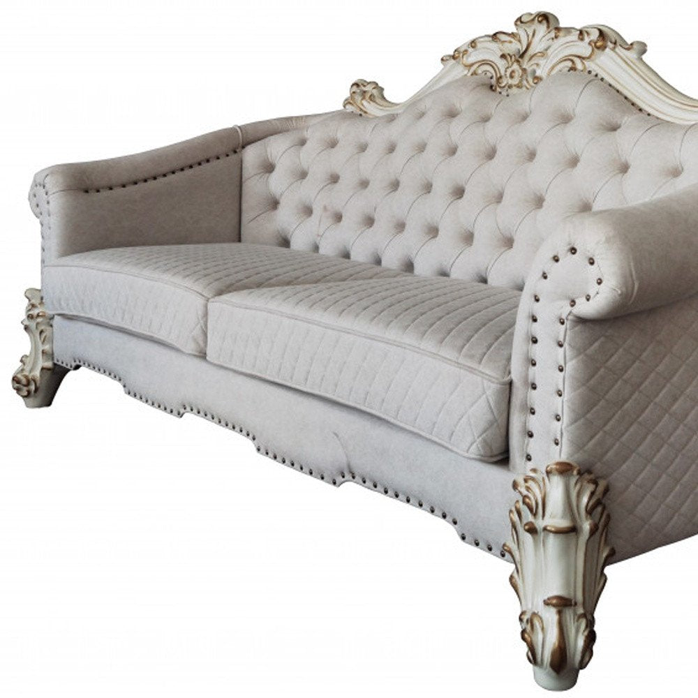 89" Ivory Velvet Sofa And Toss Pillows With Pearl Legs HomeRoots