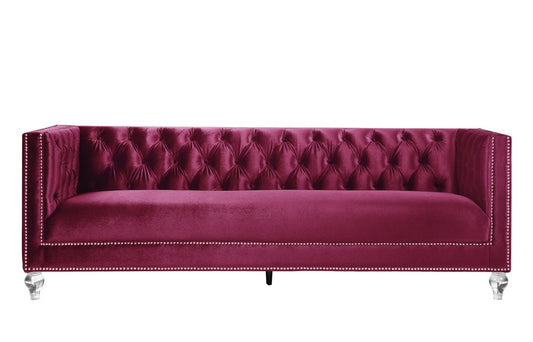 89" Burgundy Velvet Sofa And Toss Pillows With Black Legs HomeRoots