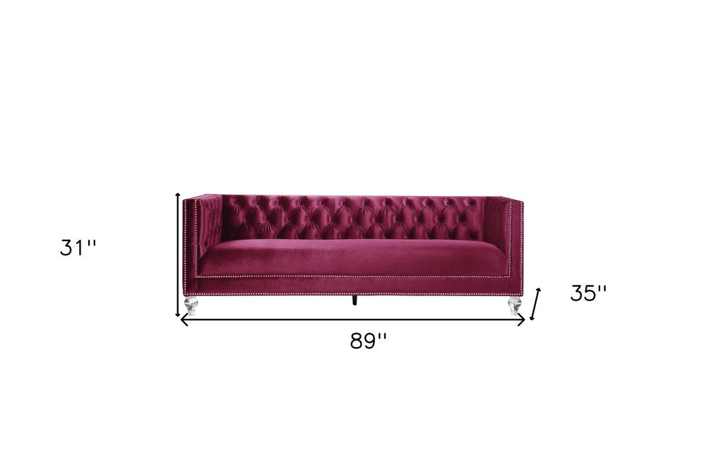 89" Burgundy Velvet Sofa And Toss Pillows With Black Legs HomeRoots