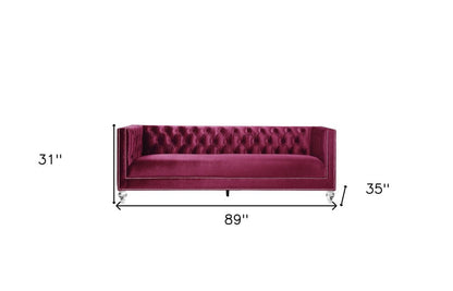 89" Burgundy Velvet Sofa And Toss Pillows With Black Legs HomeRoots