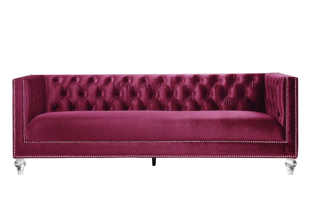 89" Burgundy Velvet Sofa And Toss Pillows With Black Legs HomeRoots