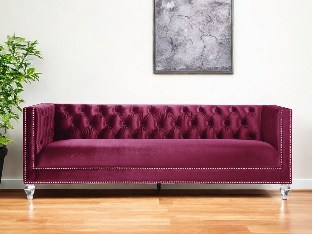 89" Burgundy Velvet Sofa And Toss Pillows With Black Legs HomeRoots