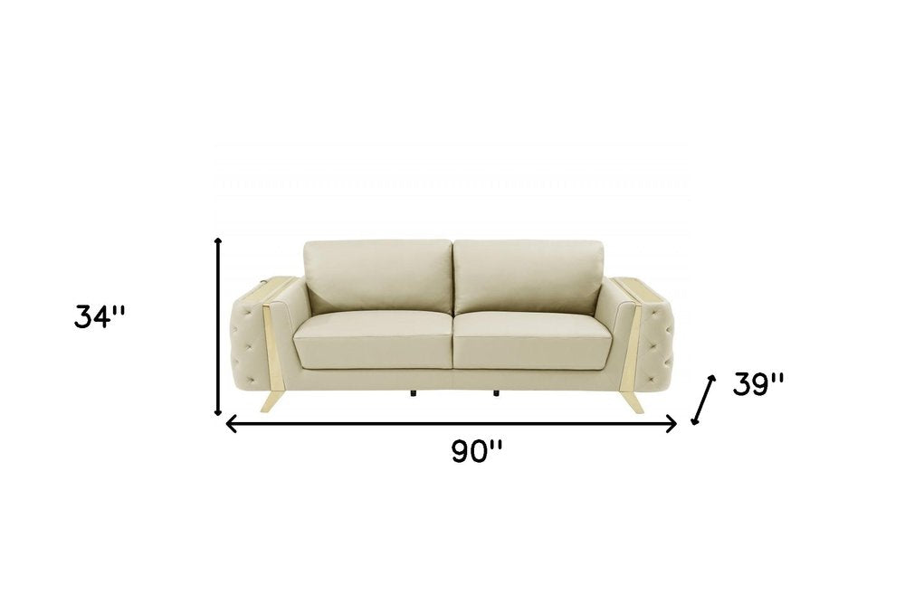 90" Beige Italian Leather Sofa With Gold Legs HomeRoots
