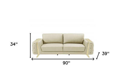 90" Beige Italian Leather Sofa With Gold Legs HomeRoots