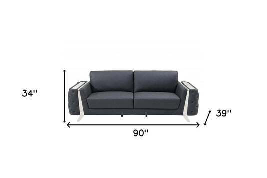 90" Gray Italian Leather Sofa With Silver Legs HomeRoots