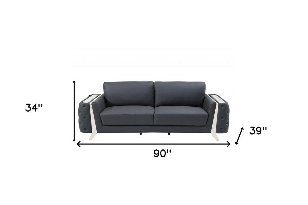 90" Gray Italian Leather Sofa With Silver Legs HomeRoots