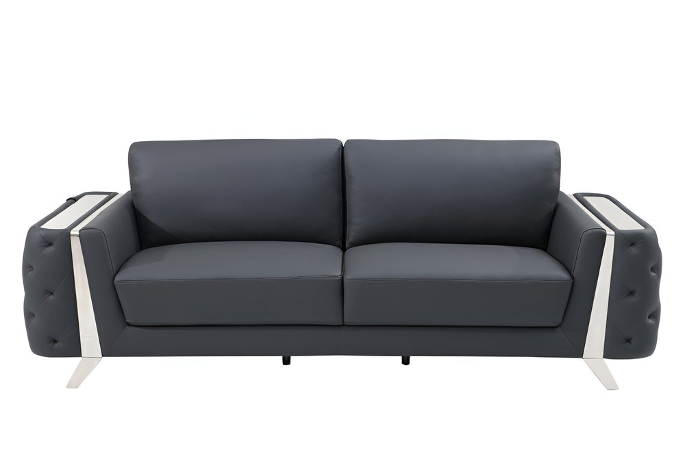 90" Gray Italian Leather Sofa With Silver Legs HomeRoots