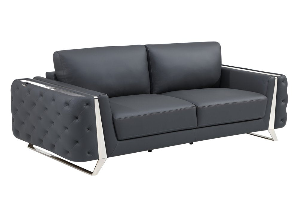90" Gray Italian Leather Sofa With Silver Legs HomeRoots